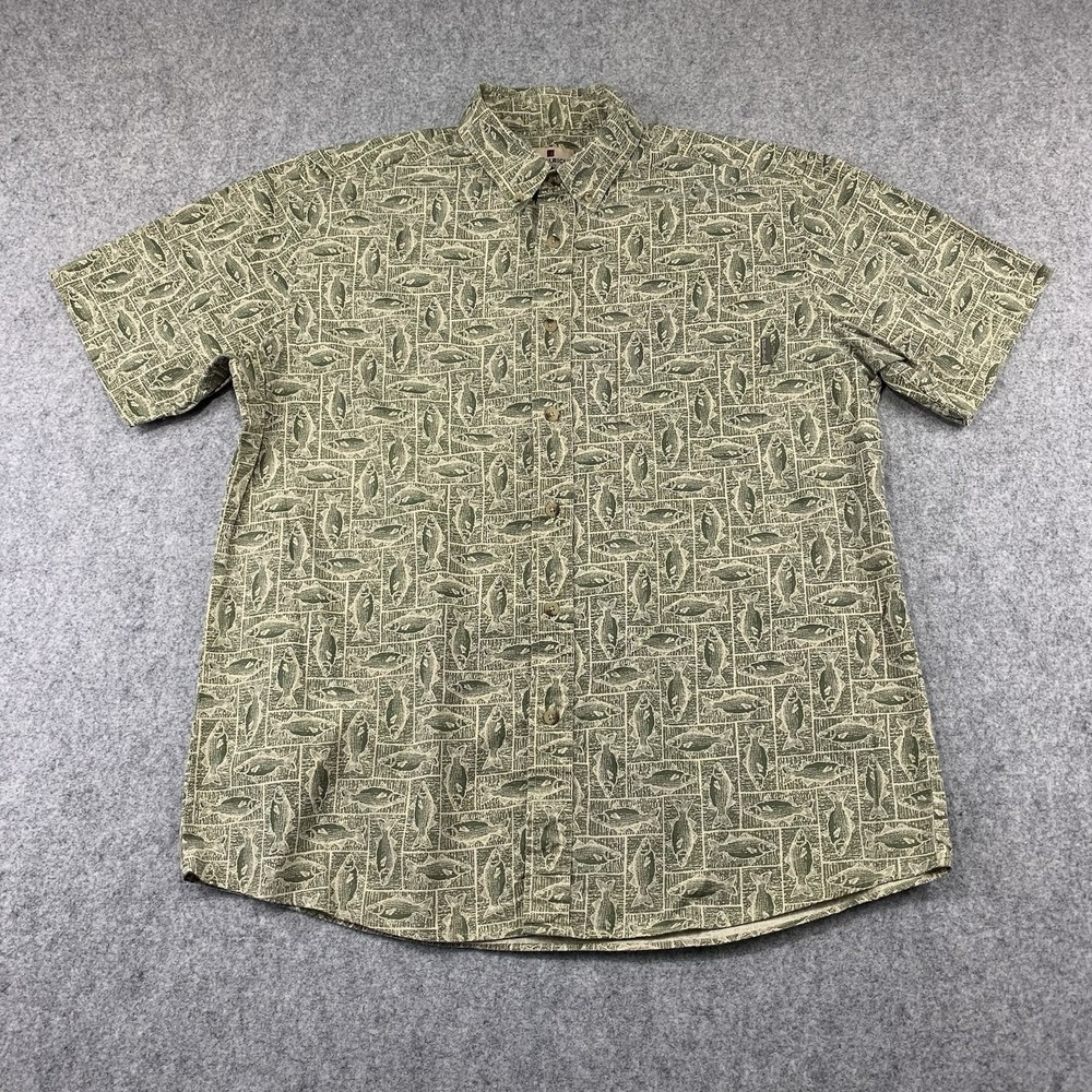 Woolrich Men's Size Large Shirt Short Sleeve Button Down-light olive fish blocks